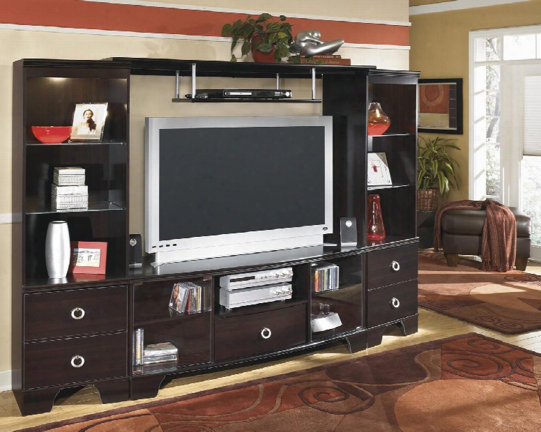 Pinella Collection W403entset 95" 4-piece Entertainment Center With Large Credenza 2x Pier Cabinets And Bridge With Bottom Shelf In