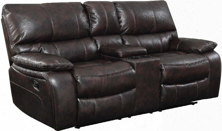 Willemse 601932 79" Reclining Loveseat With Storage Console Scoop Seating Accent Stitching Cushioned Lumbar Support And Leatherette Upholstery In Chocolate