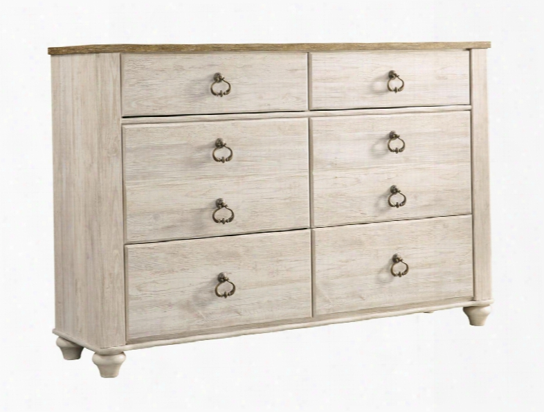 Willowton Collection B267-21 54" 6-drawer Youth Dresser With Eplicated Work Through Paint Bun Feet And Ring-pull Hardware In Whitewash