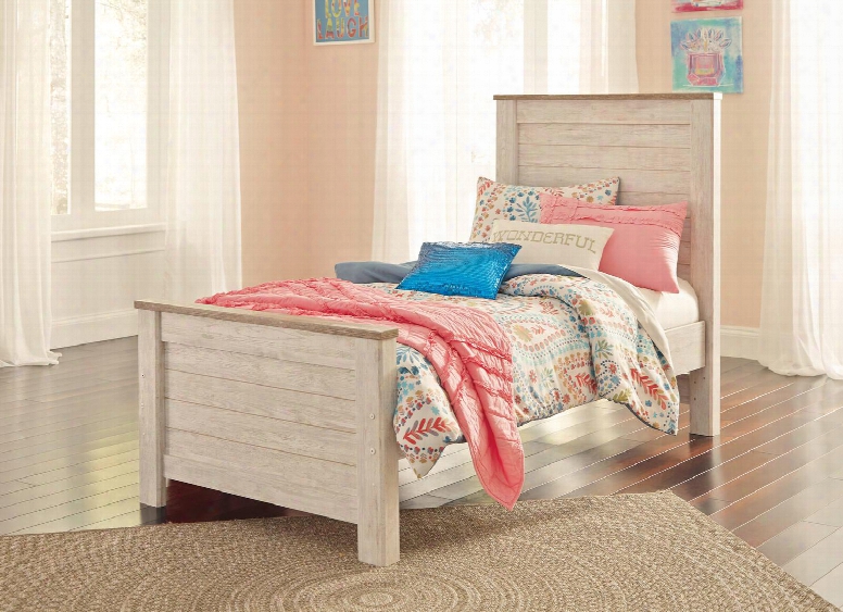 Willowton Collection B267-53/52/83 Twin Size Panel Bed With Block Feet Distressed Detailing And Plank-design On Headboard And Footboard In Whitewashed