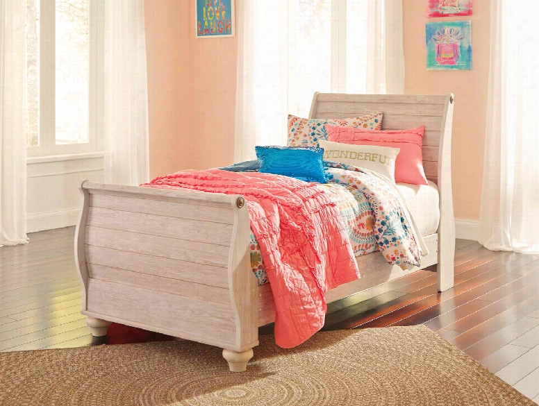 Willowton Collection B267-63/62/82 Twin Sleigh Bed With Bun Feet Distressed Detailing And Plank-design On Headboard And Footboard In Whitewashed
