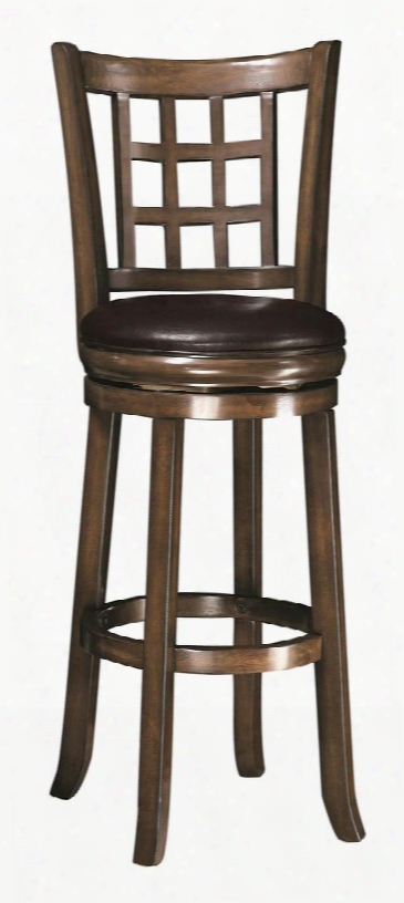 102640 29" Bar Stool With Swivel Mechanism Flared Legs Wheat Back Style Wood Construction And Black Padded Leather-like Vinyl Cushion In Oak