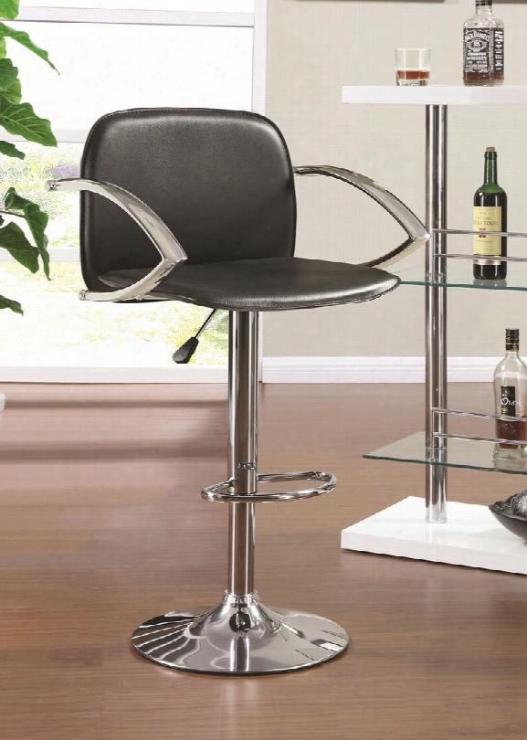 122093 37.75" Contemporary Adjustable Bar Stool With Exposed Arms Swivel Base And Black Faux Leather Upholstery In Chrome