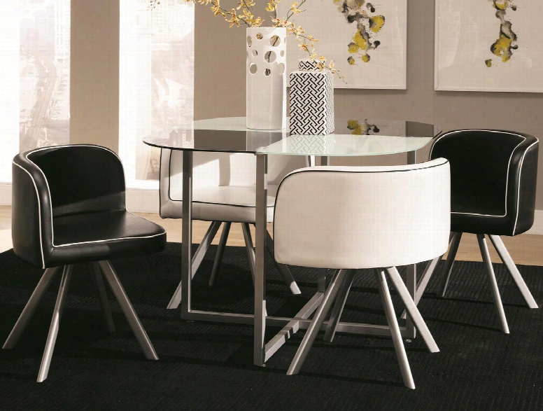 150089 Trussell 5 Piece Dining Set (se Of 4 Chairs Black/white With 1 Table) With Square Glass Table With Checker Frosted Pattern And Black Or White Rounded