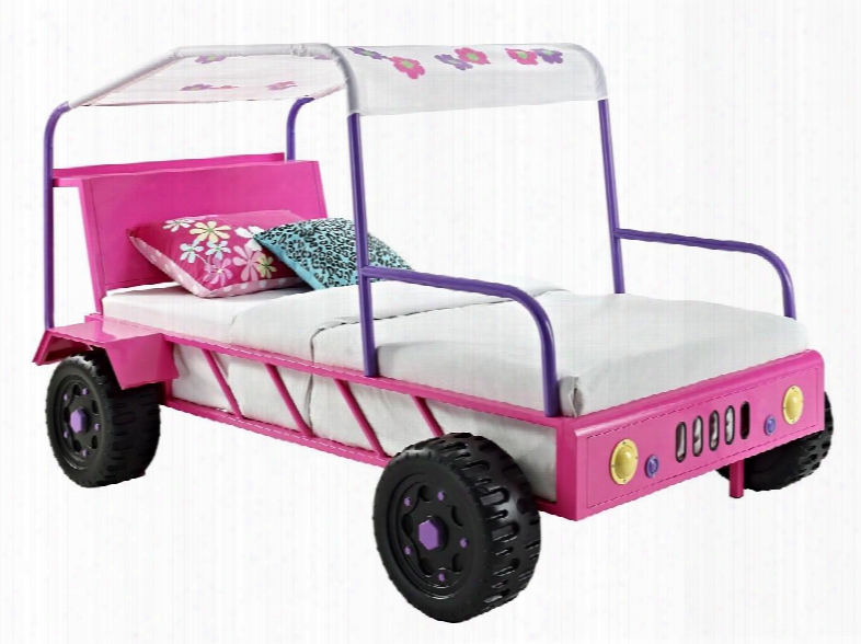 193-038 51" Twin Girls Buggy Bed With Bright Floral Accents Easy Open Front And Sides In Bright Pink Purple And White