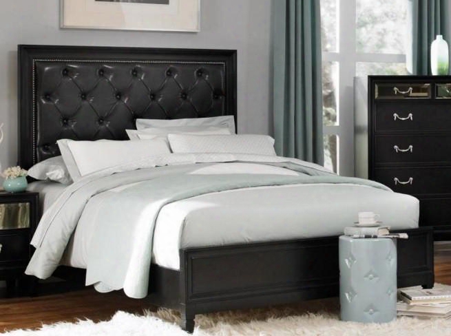 203121q Devine Panel Bed With Button Tufted Pu Headboard Footboard And Side Rails & Slats In Black Finish