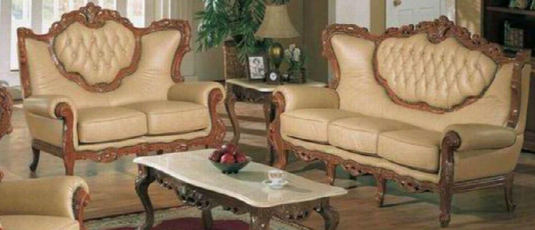 2118khakis2set Traditional 2 Piece Livingroom Set Sofa And Loveseat In Khaki With Glossy Walnut