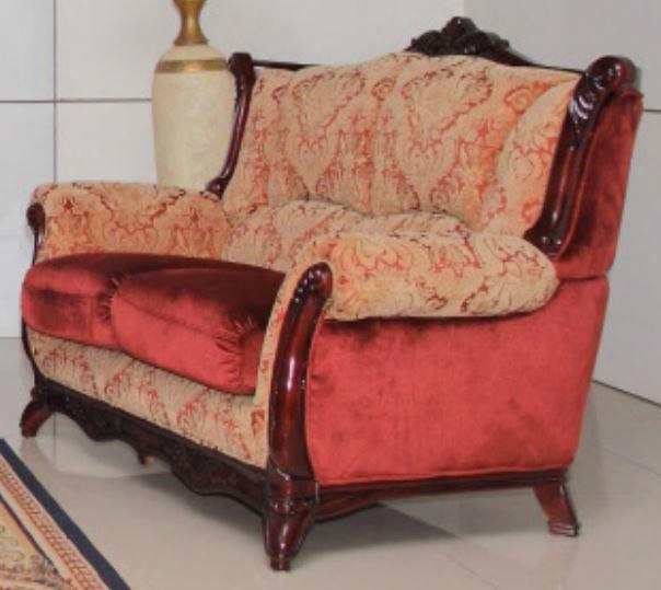 2200burgundyl Traditional Style Loveseat With Hand Carved High Gloss Mahogany Wood Frame Exquisite Details And Finest Patterned Fabric Upholstery In