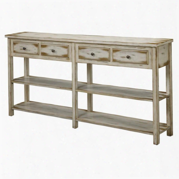 32062 72" Console Table With  Distressed Detailing 4 Drawers And Bottom Shelf In Ada Antique White