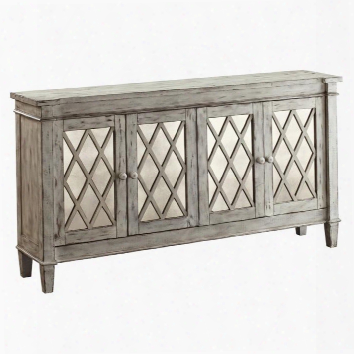 43353 64" Credenza With Four Doors Delicate Lattice Trim Mirrored Panels And Adjustable Shelves In Burkdale Ivory Rub-though