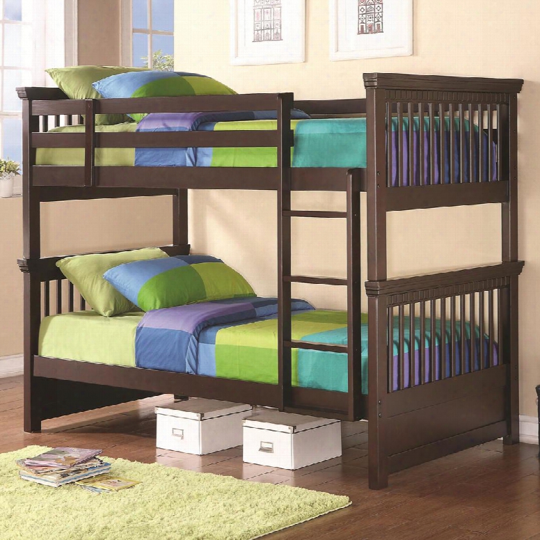 460266 Oliver Twin-over-twin Bunk Bed With Spindle Headboard & Footboard Guard Rails & Ladder And Slats In Cappuccino