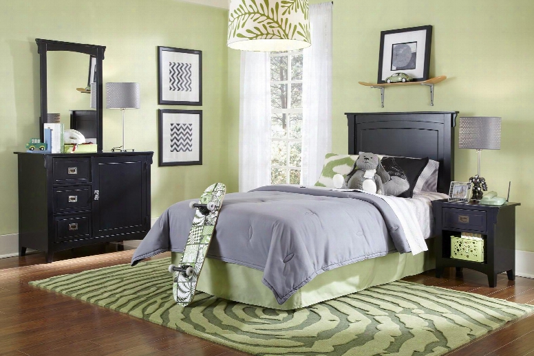 502-189 Mission Black Bedroom In A Box With Straight Lined Headboard Spacious Storage Dresser Large Mirror And Coordinating Nightstand In Black