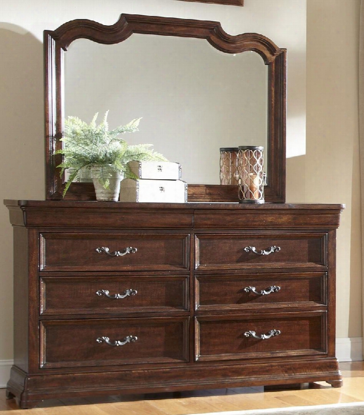 8000dm Signature Bedroom Collection Solid Mango 6 Drawer Triple Dresser With English Dovetail Construction And Matching Landscape Mirror Finished In A Deep