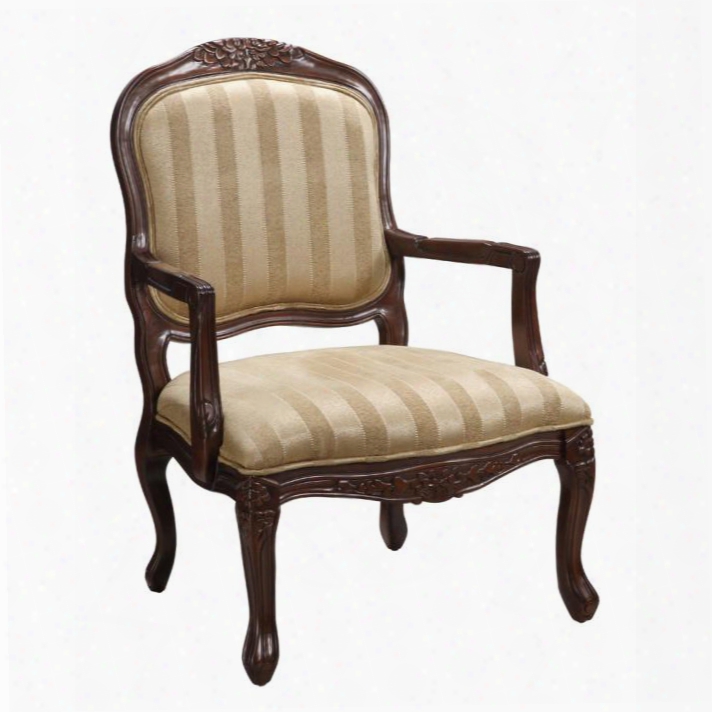 94028 39" Accent Chair With Hand Carved Details Cabriole Legs And Beige And Cream Stain Stripes In Dark