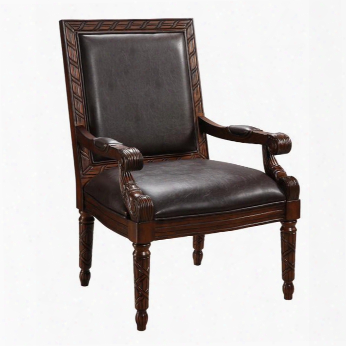 94035 42" Accent Chair With Turned Legs Hand Carvings And Leather-like Dark Brown Upholstery In Medium