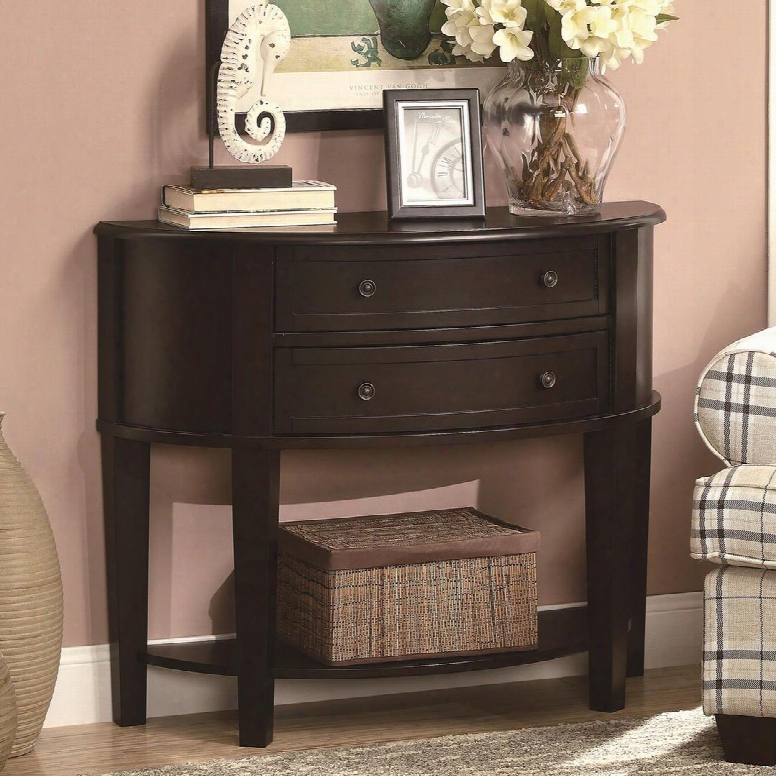 950156 Accent Tables Demi-lune Entry Sofa Index With 1 Lower Shelf Wooden Knobs And 2 Drawers In Cappuccino