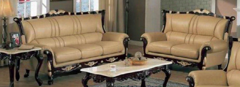 992s2set Traditional 2 Piece Livingroom Set Sofa And Loveseat In Khaki With Mahogany Wood Finish And Gold Leaf