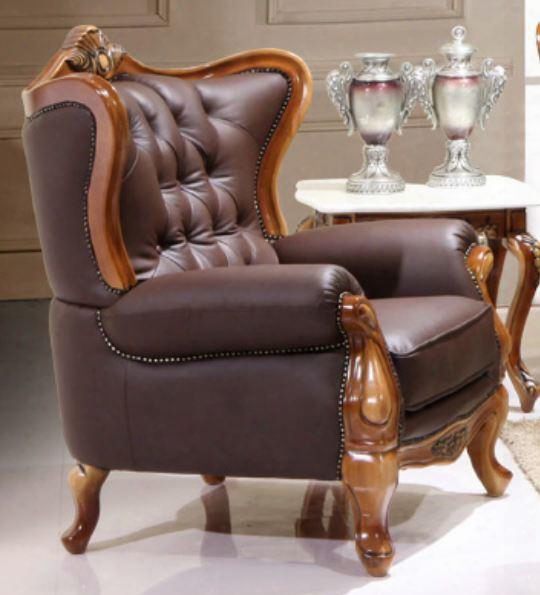 995espressoc Traditional Style Chair With Crown-like Design On Top Hand Carved Wooden Frame In Matte  Walnut Finish And Genuine Italian Leather Upholstery In