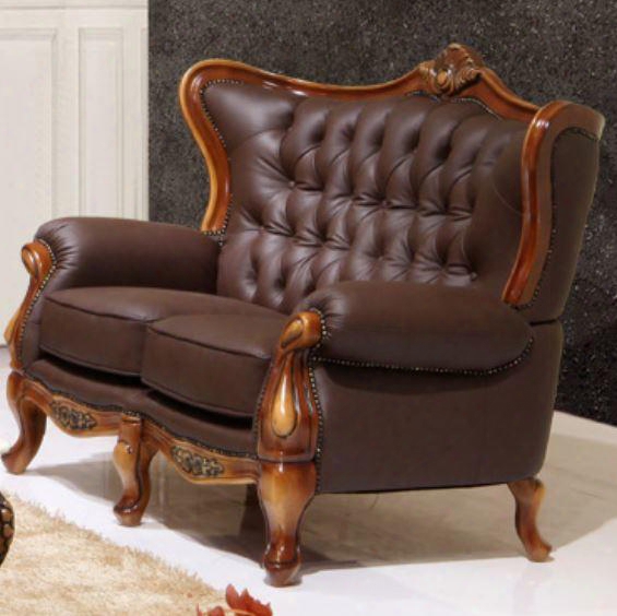 995espressol Traditional Style Loveseat With Crown-like Design On Top Hand Carved Wooden Frame In Matte Walnut Finish And Genuine Italian Leather Upholstery