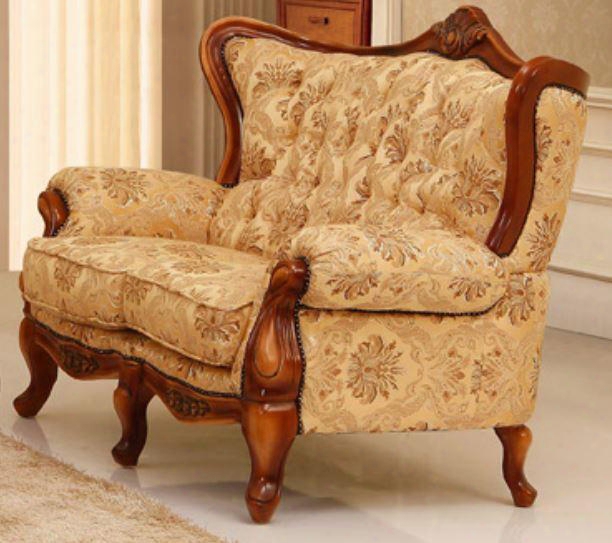 995fbeigel Traditional Style Loveseat With Finest Fabric Upholstery In Gold/bei Ge Crown-like Design On Top And Hand Carved Wooden Frame In Matte Walnut