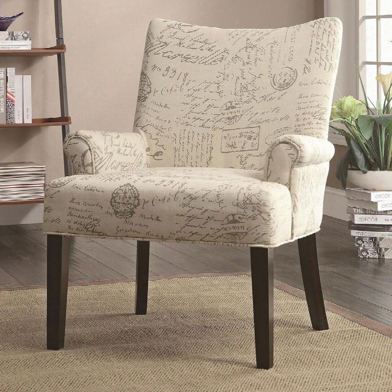 Accent Ssating Collection 902149 28" Accent Chair With French Script Pattern Cappuccino Taperde Legs High Curved Back And Linen-like Upholstery In Off-white