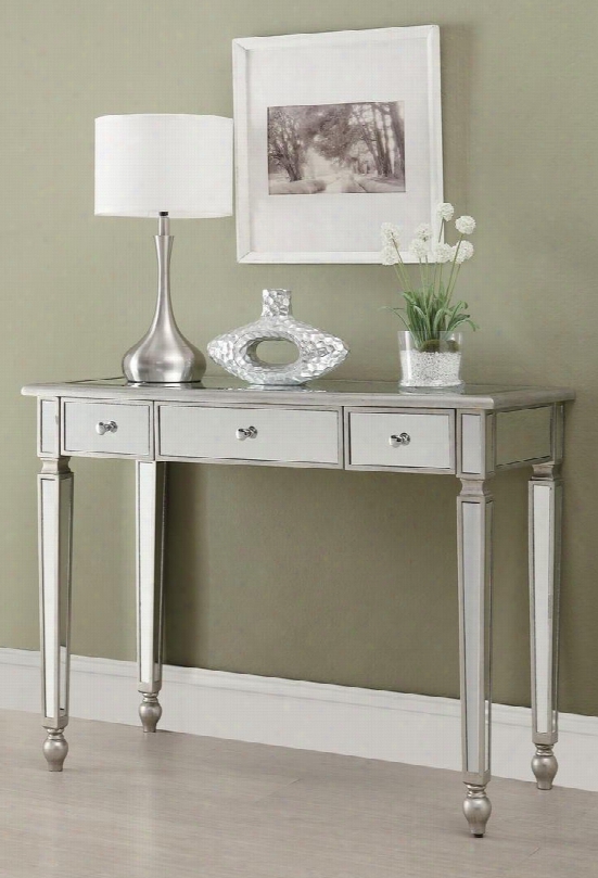 Accent Tables 950014 42" Console Table With 3 Drawers Turned Feet Finials Mirror Surfaces And Simple Metal Hardware In Antique Silver