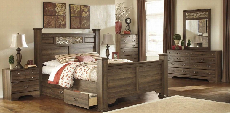 Allymore King Bedroom Set With Poster Bed Dresser Mirror And Nigtstand In Aged