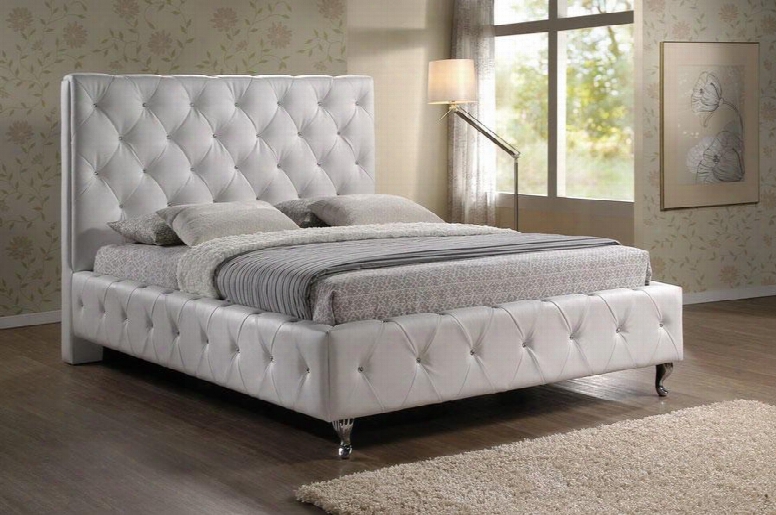 Baxton Studio Stella Bbt6220-white-king 84" Crystal Tufted King Modern Bed With Upholstered Headboard Wooden Frame With Foam Padding Chrome-plated Steel Legs