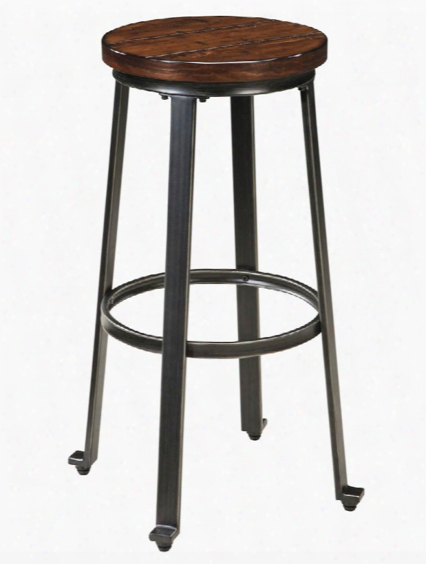 Challiman D307-130 29" High Stool With Veneer Plank Seat Tubular Metal Frame And Stretchers In Rustic