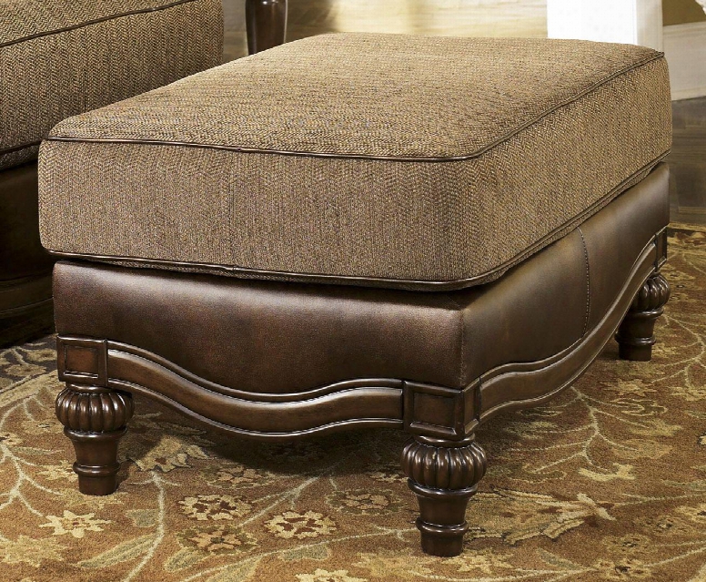 Clwremore Collection 8430314 40" Ottoman With Fabric Upholstery Piped Stitching Faux Leather Base And Traditional Style In