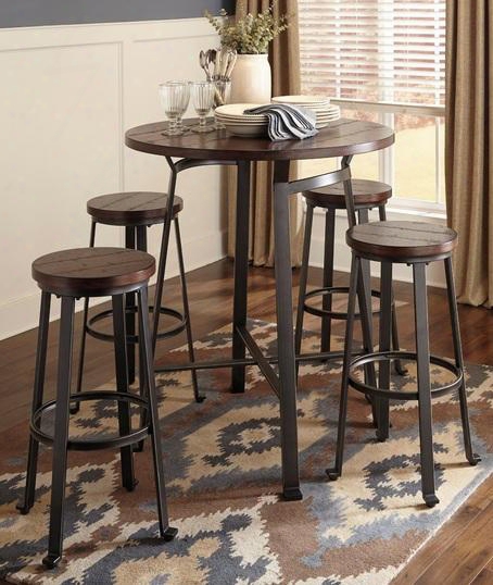 D30712130(4) Challiman Round Dining Room Bar Table With Four 30" Barstools Adjustable Lever Feet Tubular Metal And Planked Pine Veneer  In Blackened