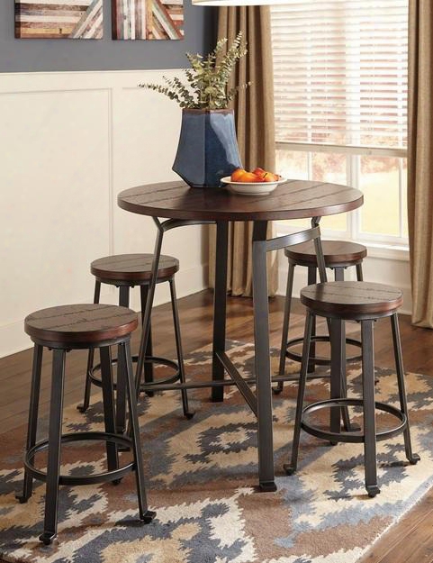 D30713124(4) Challiman Round Dining Room Counter Table With Four 24" Barstools Planked Pine Veneer Top And Adjustable Lever Feett In Blackened