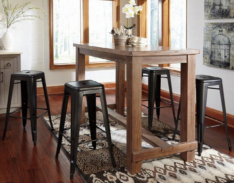 D54212030 Pinnadel Dining Room Bar Table With Four 30" Meetal Stools Selected Pine Veneers And Solids In