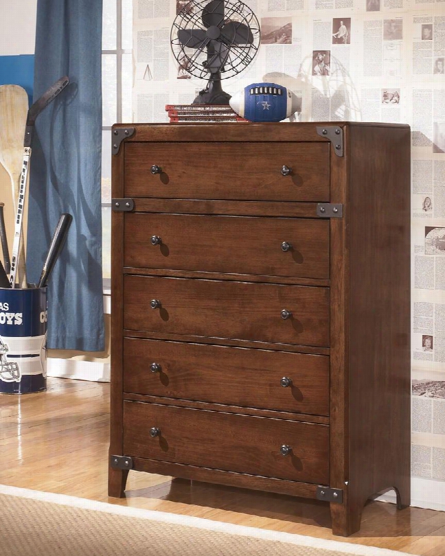 Delburne B362-45 36" 5-drawer Chest With Plywood Drawer Boxes Dovetail Drawer Construction And Faux Metal Brackets In Medium Brown