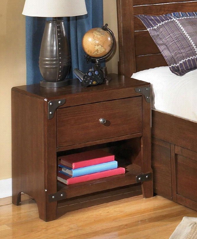 Delburne B362-91 24" 1-drawer Nightstand With Lined Drawer Interior Bottom Shelf And Faux Metal Brackets In Medium Brown