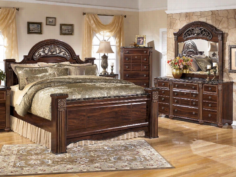 Gabriela King Bedrrom Set With Poster Bed Dresser Mirror And Chest In Dark Reddish