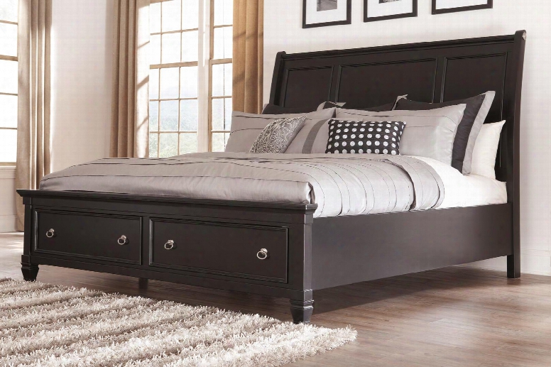 Greensburg Collection B671-76/78/95 California King Size Sleigh Storage Bed With 2 Footboard Drawers Brushed Nickel Hardware And Molding Details In