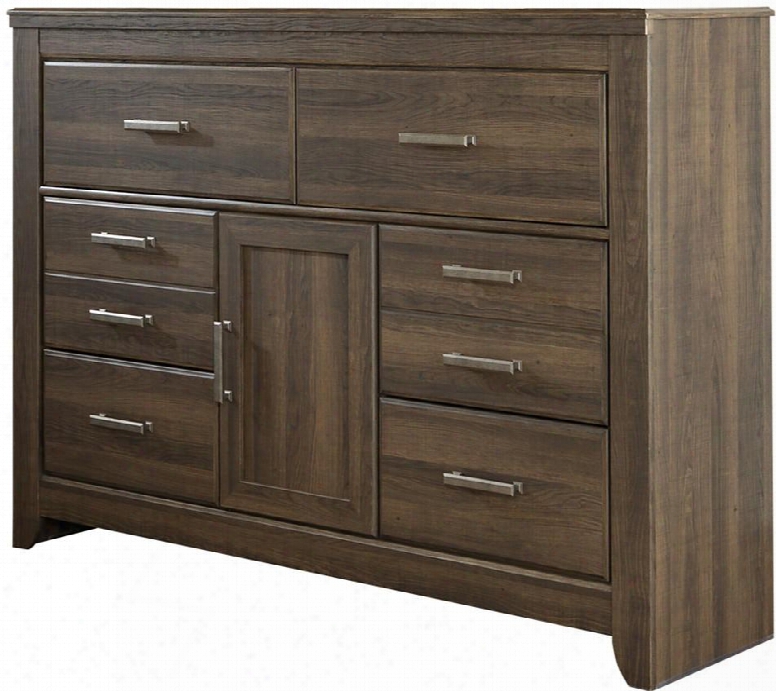 Juararo B251-31 61" 6-drawer Dresser With 1 Door Replicated Oak Grain Details And Pewter-tone Handles In Dark