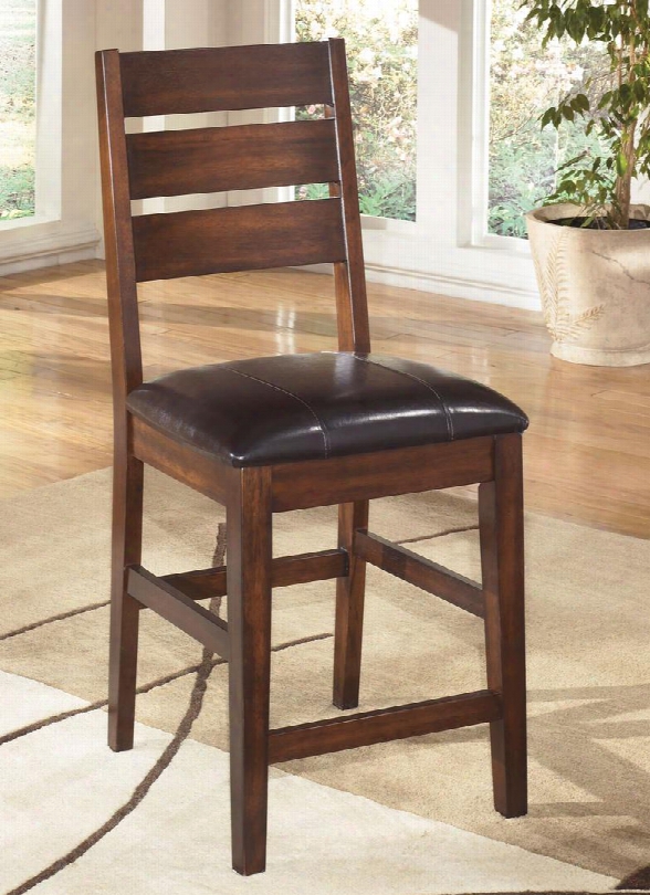 Larchmont D442-124 25" High Upholstered Barstool With Faux Leather Seat Cover Slat Back Design And Tapered Legs In Burnished Dark Brown
