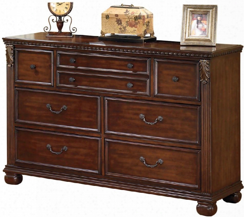 Leahlyn B526-31 59" 7-drawer Dresser With Ornate Bail And Knob Handles Fluted Pilasters And Leaf Form Corbels In Warm