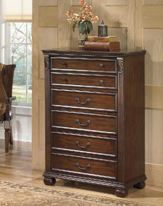 Leahlyn B526-46 36" 5-drawer Chest With Ornate Bail And Knob Handles Fluted Pilasters And Leaf Form Corbels In Warm