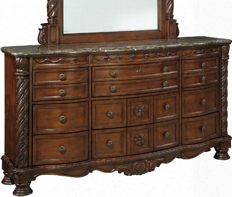 North Shore Collection B553-131 74" 9-drawer Dresser With Decorative Pilasters Floral Shaped Hand Pulls Marble Top And Lined Top Drawers In Dark