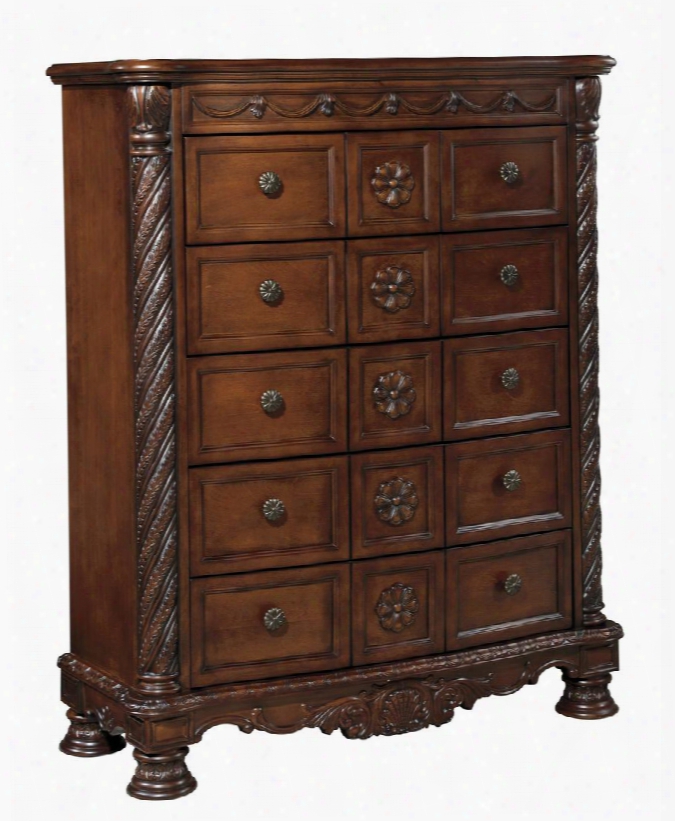 North Shore Collection B553-46 45" 5-drawer Chest With Decorative Pilasters Molding Details Lined Top Drawer And Ornamental Acents In Dark
