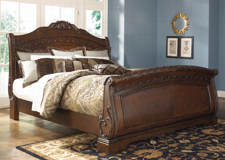 North Coast Collection B553-76/78/73 California King Sized Sleigh Bed With Ornate Scrolling Details Wide Bracket Feet And Moldings In Dark