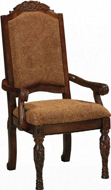 North Shore D553-02a 27.25" Dining Uphlstered Arm Chair With Carved Detailing Fabric Upholstery And High Back Design In Dark