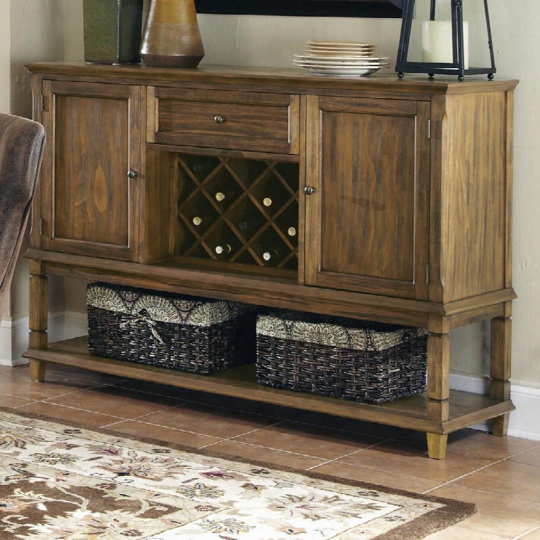 Parkins 103715 58" Server Including 2 Doors 1 Drawer Wine Rack And 1 Bottom Shelf With Distressed Detailing Tapered Legs And Simple Pulls In Coffee