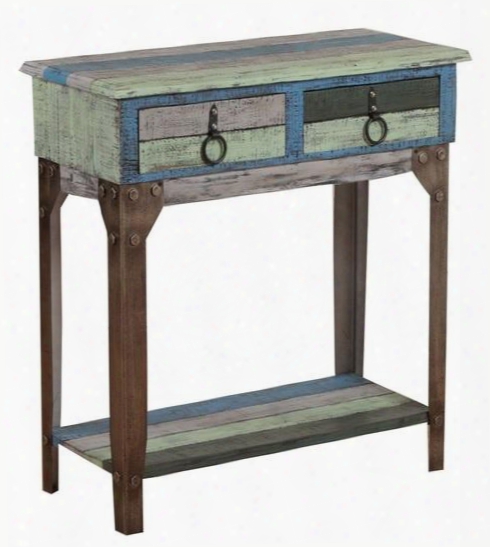 Powell Calypso Collection 114-534 31" Small Hall Console With 2 Drawers Lower Shelf Antique Bronze Hardware Fir Wood And Iron Material In Green And Blue