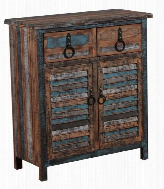 Powell Calypso Collection 114-660 31" Console With 2 Drawers 2 Louvered Doors Antique Bronze Pulls Annd Fir Wood Material In Green And Blue Hues