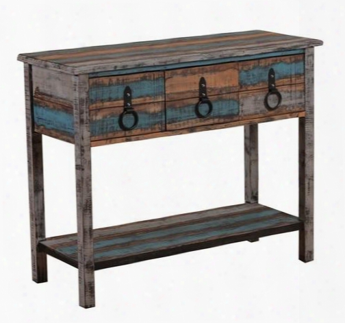 Powell Collection Calypso Collection 114-225 38" Console Table With 3 Drawers Antique Bronze Hardware Botton Shelf And Fir Wood Material In Blue And Brown