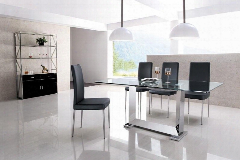 Setpostoblk Posto Dining Set Including One Table And Four Chairs With Stainless Steel Finished Legs Tempered Table Glass Top And Leather Seat Cushions